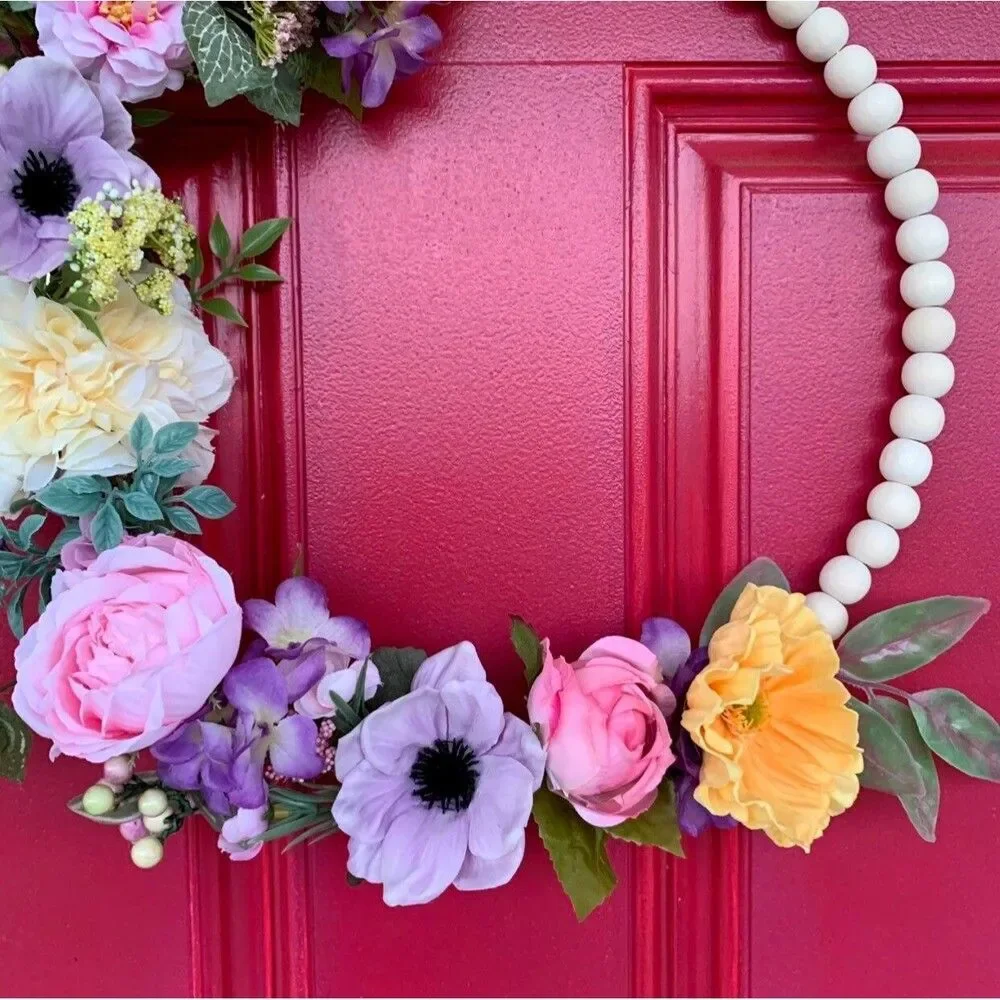 Floral Bead Hoop Wreath: Poppy, Anemone, Eucalyptus, Farmhouse Decor
